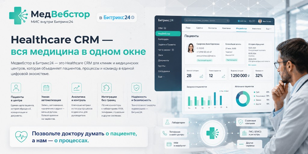 Интерфейс МедВебстор: дашборд клиники и интеграции внутри Битрикс24